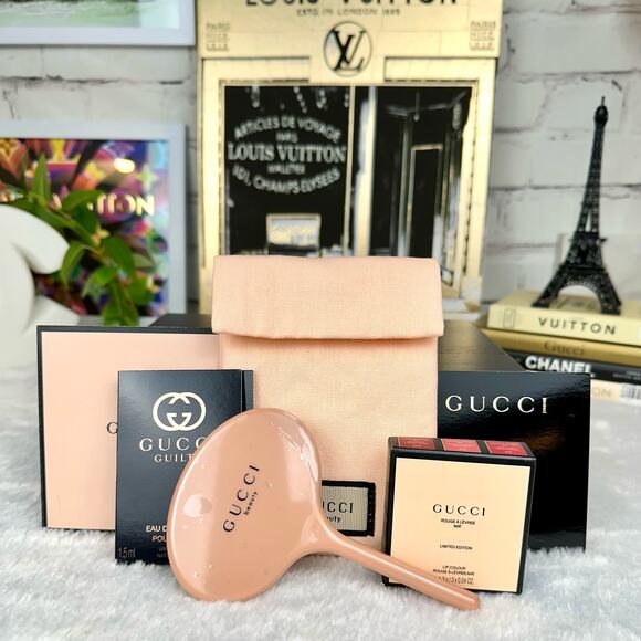 Gucci beauty pink handheld mirror, mini lipstick trio set with Gucci sam… - Picture 2 of 5